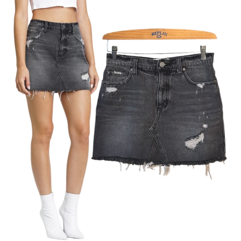 Pistola Black Ryder High Rise Cut Night Run Distressed Denim Jean Skirt Size 26